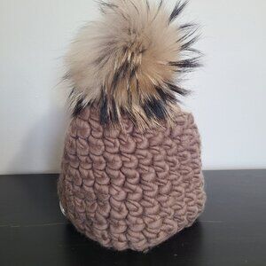 Mischa Lampert 100% Wool Chunky Handknit Hat Pom Pom Brown
